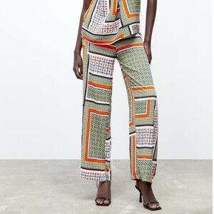 Zara Printed Wide Straight Leg Green Orange Blue Pants